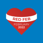 Blue background with a red love heart that says Red Feb February 2022
