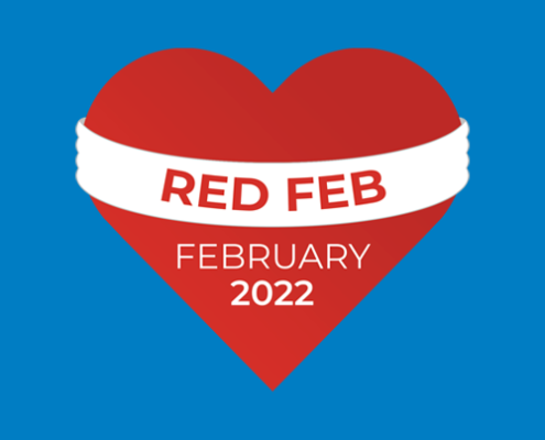 Blue background with a red love heart that says Red Feb February 2022